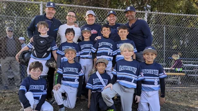 Eastchester youth baseball team group with coaches and Biagio Maffettone